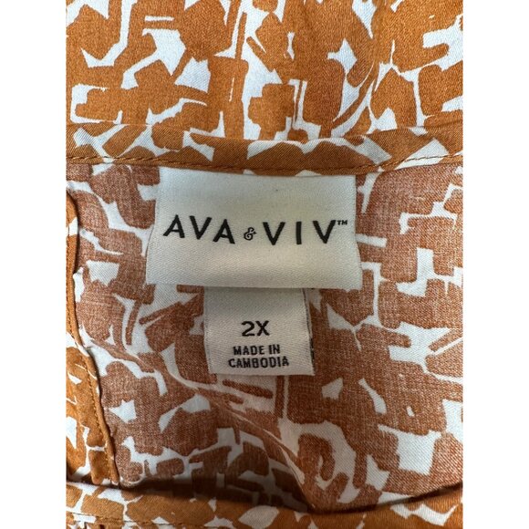 Ava & Viv Plus Size 2X Top Brown White Cotton Abstract Print Puff Sleeve Blouse - Picture 3 of 9
